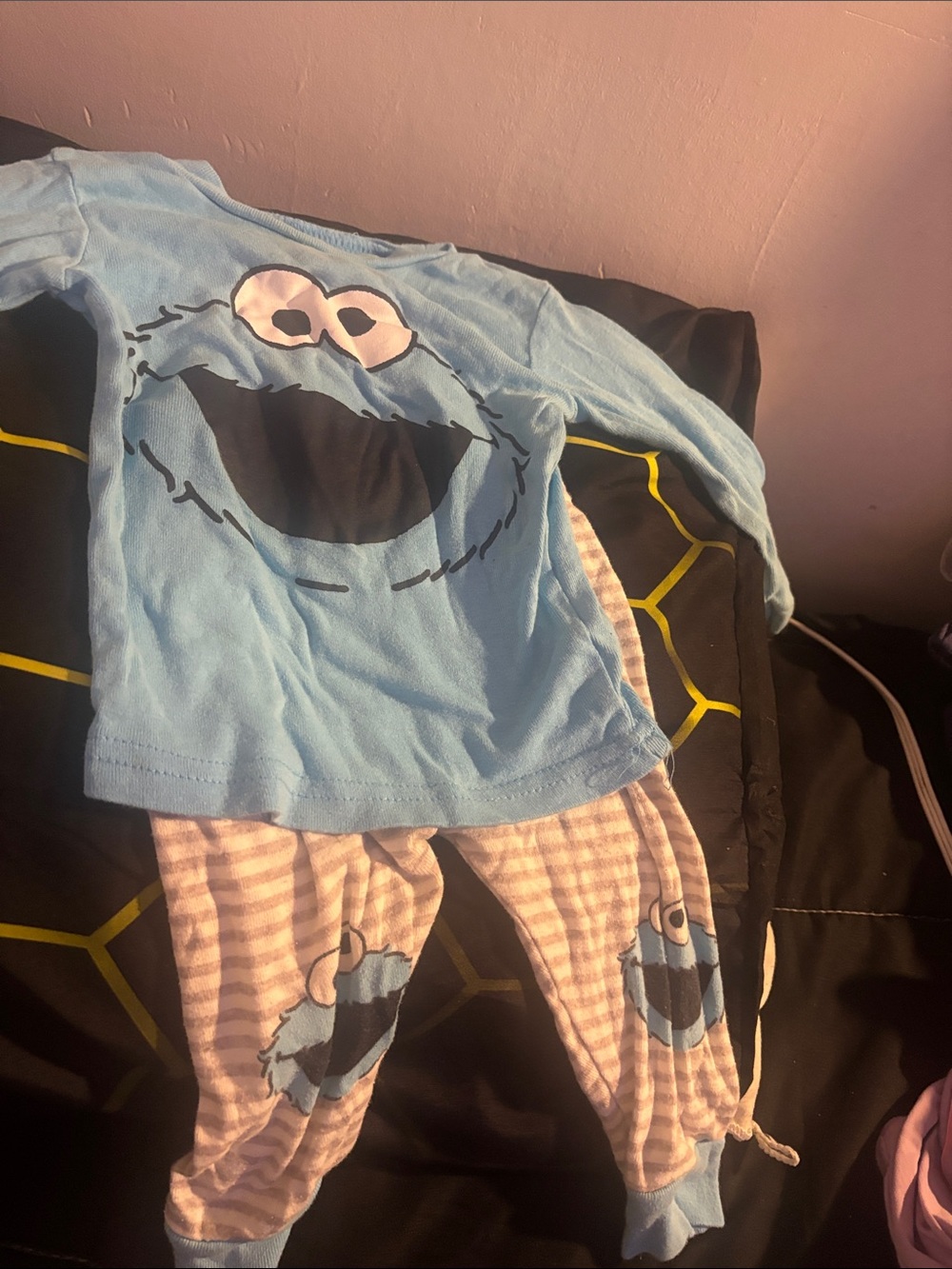 Sesame Street Cookie Monster Pajama Set - Light Blue Top & Pink Striped Pants